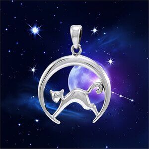 Cat Crescent Moon Charm Sterling Silver Pendant
